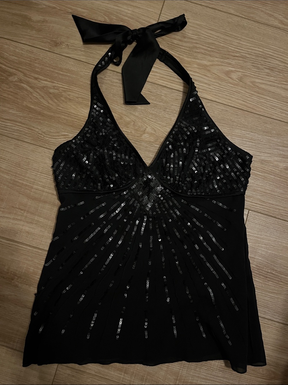 Vintage Bebe black sequin stretch silk halter top